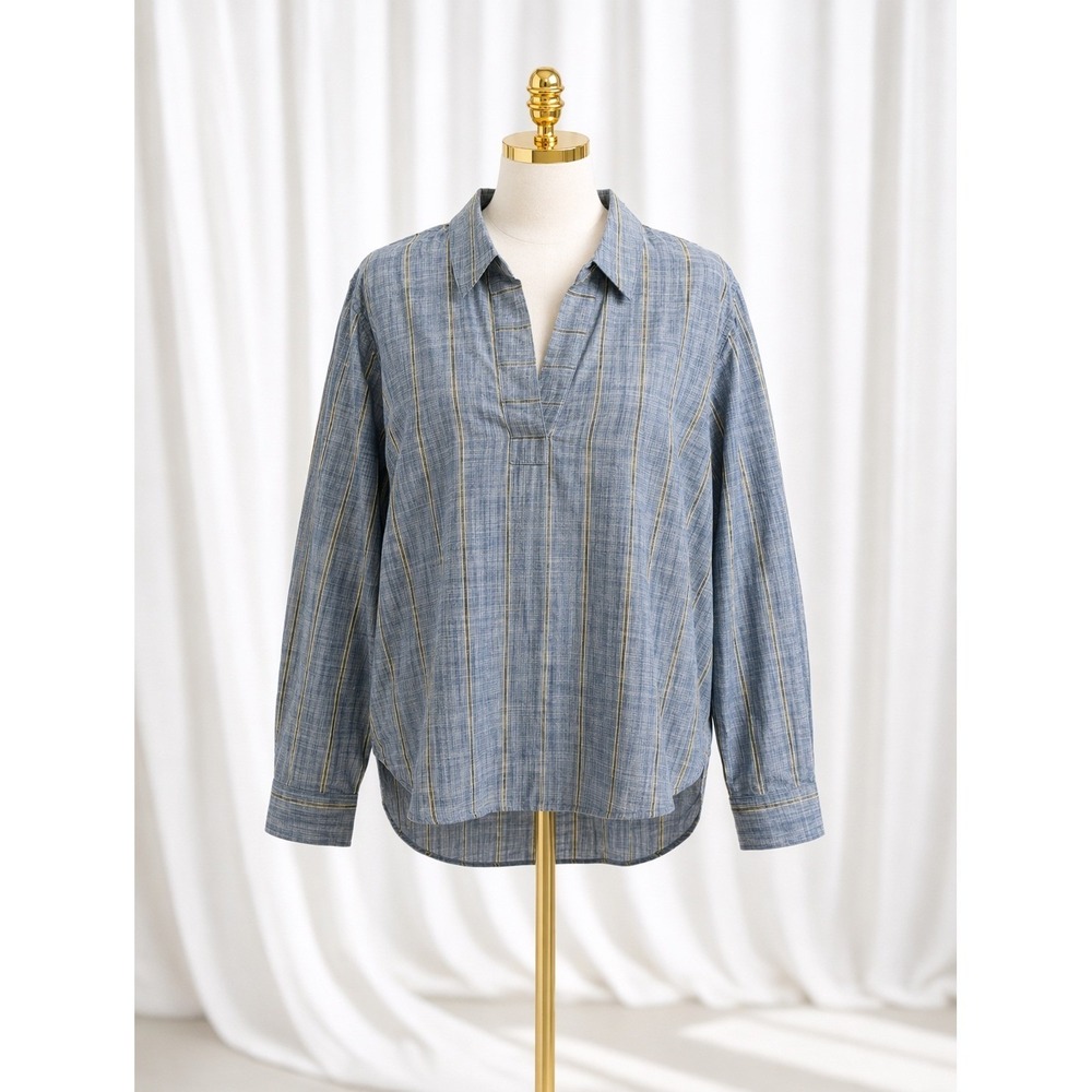 Chico's Popover Top Blue Chambray Gold Stripes Buttons Split Neck Size 3 XL 16